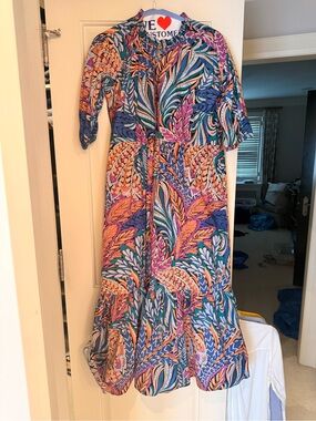Banjanan Multicolor Leaf-Print Maxi Dress in Blue, Purple & Orange